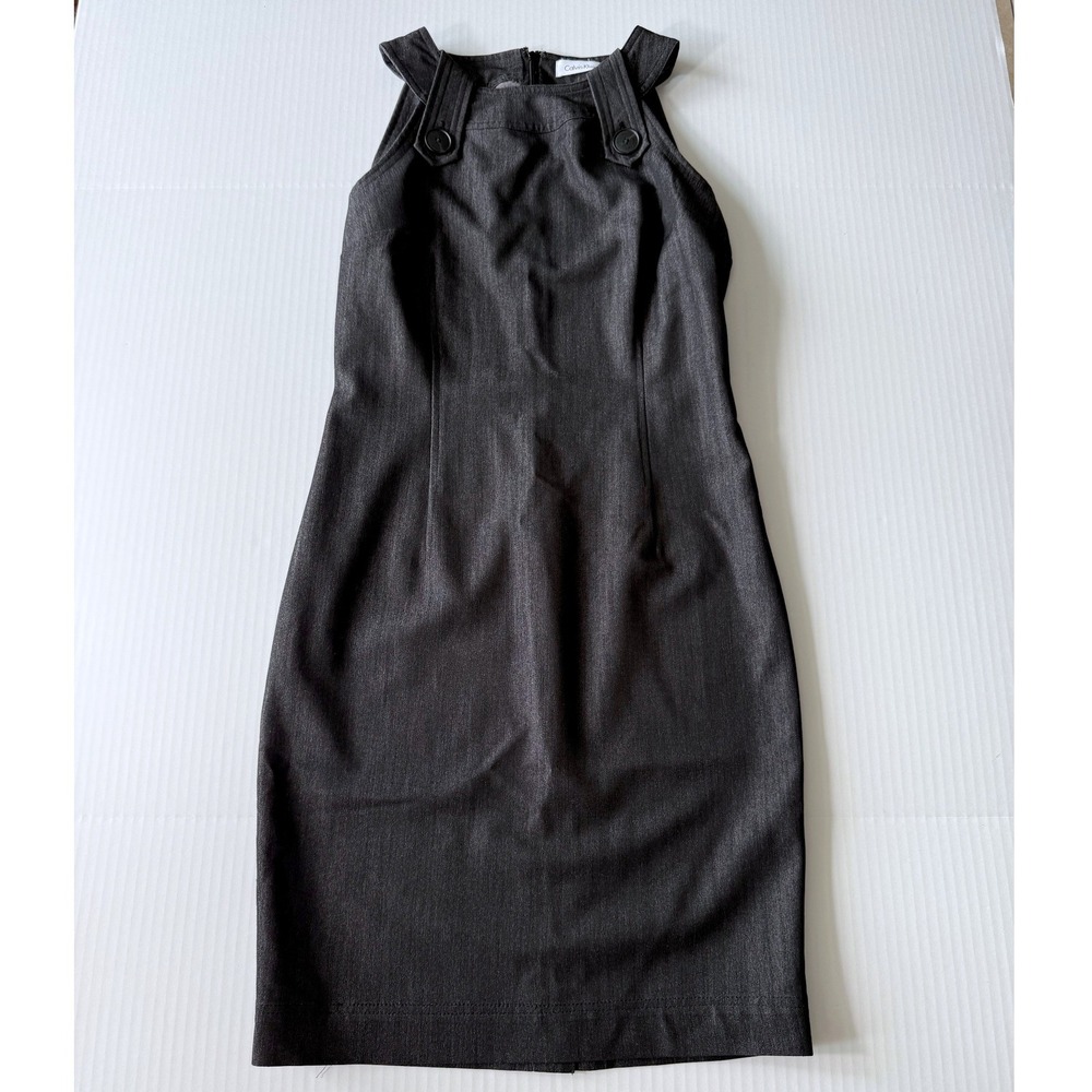 Calvin Klein Gray Sheath Dress Women Size 4 Sleeveless Button Accent Career
